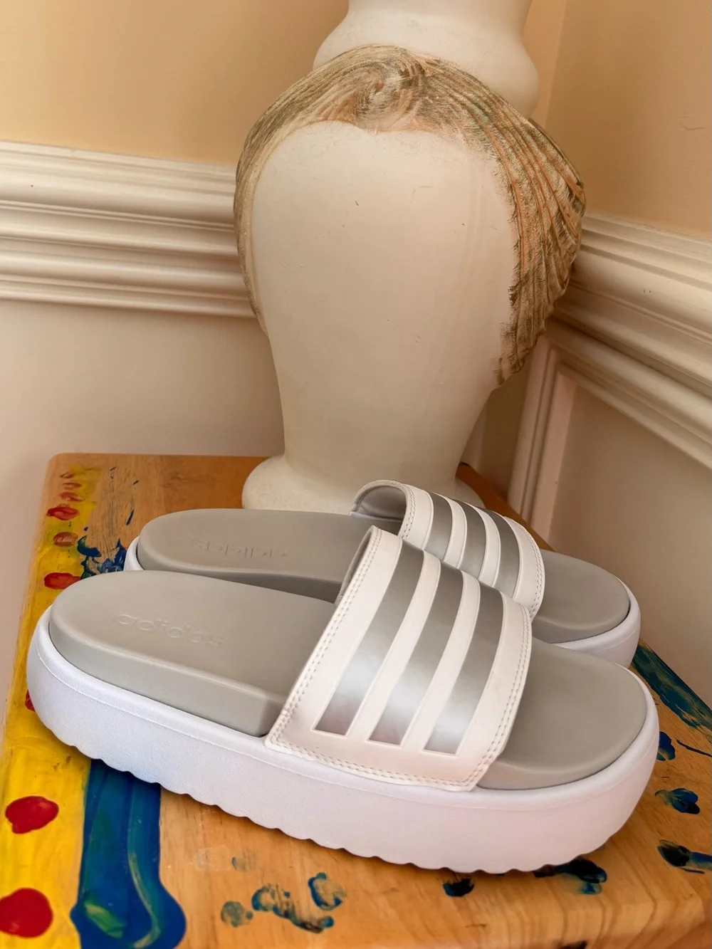 adidas Women’s Adilette White Grey Metallic Platform Slides Size 8